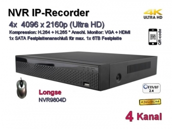 NVR IP-Kamera Recorder, H.265 / H.264, Onvif, 4x max. 4096x2160 Ultra-HD/4K, Modell: NVR9804D