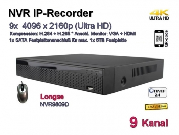 NVR IP-Kamera Recorder, H.265 / H.264, Onvif, 9x max. 4096x2160 Ultra-HD/4K, Modell: NVR9809D