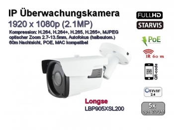 IP-Überwachungskamera 2.1MP (1920x1080), H.264+/H.265+/MJPEG, 60m IR Nachtsicht, POE, opt. Zoom 2.8-12mm, SONY Starvis, Modell: LBP905XSL200
