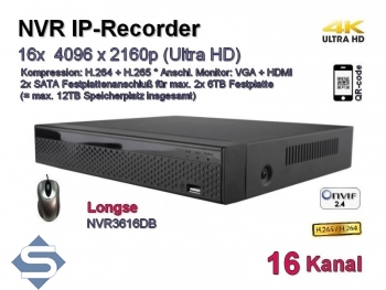 IP-Kamera Recorder NVR, H.265 / H.264, Onvif, 16x max. 4096x2160 Ultra-HD/4K, Modell: NVR3616DB