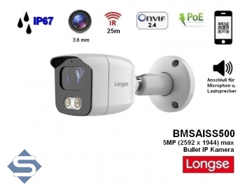 LONGSE BMSAISS500, 5MP (2592 x 1944), 25m IR, POE, 3.6mm Objektiv, IP67, IP berwachungskamera fr innen und auen