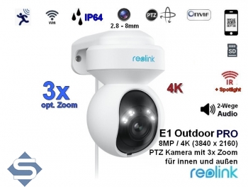 REOLINK E1 Outdoor Pro, 3-fach opt. Zoom, WIFI 6 Dualband-WLAN 2,4/5GHz, Indoor + Outdoor, 4K/8MP (3840 x 2160), PTZ 355 / 50, 12m Infrarot + farbige Nachtsicht, 2 Wege Audio, Auto Tracking, IP berwachungskamera