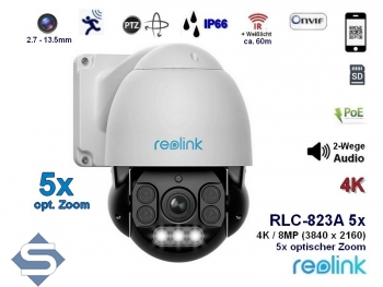 REOLINK RLC-823A 5x POE, 5x opt. Zoom 2,7-13,5mm, IP66 Outdoor, 4K / 8MP (3840 x 2160), PTZ 360 / 90, 60m Infrarot + farbige Nachtsicht, 2 Wege Audio, Auto Tracking, IP berwachungskamera