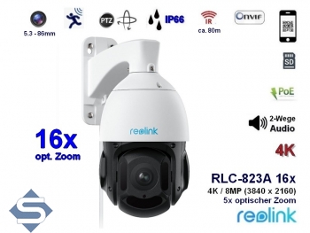 REOLINK RLC-823A 16x POE, 16x opt. Zoom 5.3-86mm, IP66 Outdoor, 4K / 8MP (3840 x 2160), PTZ 360 / 90, 60m Infrarot + farbige Nachtsicht, 2 Wege Audio, Auto Tracking, IP berwachungskamera