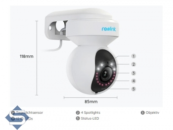 REOLINK E1 Outdoor Pro, 3-fach opt. Zoom, WIFI 6 Dualband-WLAN 2,4/5GHz, Indoor + Outdoor, 4K/8MP (3840 x 2160), PTZ 355 / 50, 12m Infrarot + farbige Nachtsicht, 2 Wege Audio, Auto Tracking, IP berwachungskamera