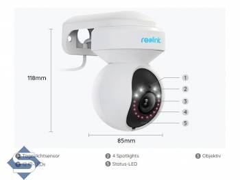 REOLINK E1 Outdoor POE, 3-fach optischer Zoom, Indoor + Outdoor, 4K / 8MP (3840 x 2160), PTZ 355 / 50, 12m Infrarot + farbige Nachtsicht, 2 Wege Audio, Auto Tracking, IP berwachungskamera