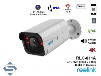 REOLINK RLC-811A, 8MP/4K (3840 x 2160), 30m Infrarot + farbige Nachtsicht, POE, 5x optischer Zoom, 2 Wege Audio, IP67, IP berwachungskamera