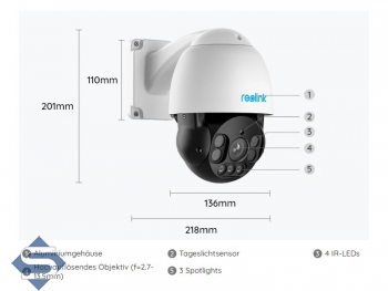 REOLINK RLC-823A 5x POE, 5x opt. Zoom 2,7-13,5mm, IP66 Outdoor, 4K / 8MP (3840 x 2160), PTZ 360 / 90, 60m Infrarot + farbige Nachtsicht, 2 Wege Audio, Auto Tracking, IP berwachungskamera