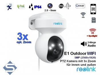 REOLINK E1 Outdoor WIFI, 3-fach opt. Zoom, Dualband-WLAN 2,4/5GHz, Indoor + Outdoor, 5MP (2560x1920), PTZ 355 / 50, 12m Infrarot + farbige Nachtsicht, 2 Wege Audio, Auto Tracking, IP berwachungskamera