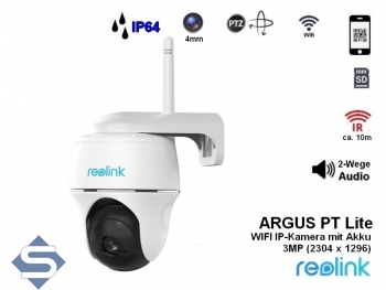 REOLINK ARGUS PT Lite, WIFI 2.4GHz, Akkubetrieben, 3MP (2304 x 1296), 10m Infrarot Nachtsicht, 2 Wege Audio, IP64, IP berwachungskamera