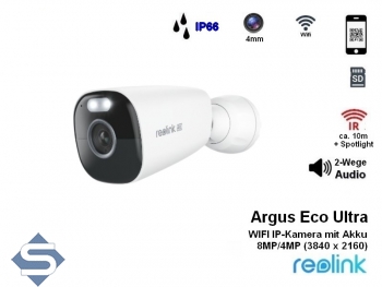 REOLINK ARGUS ECO Ultra, Wlan 5/2.4GHz, Akkubetrieben, 8MP/4K (3840 x 2160), 10m IR + 2 Spotlights, 2 Wege Audio, IP66, IP berwachungskamera