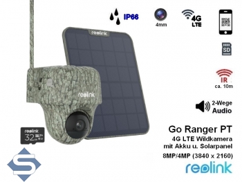 REOLINK Go Ranger PT, 4G LTE Wildkamera, Akkubetrieben, 8MP/4K (3840 x 2160), schwenk und neigbar, 10m no glow Infrarot Nachtsicht, 2 Wege Audio, IP66, IP berwachungskamera
