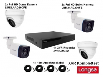 LONGSE XVR Komplettset, Full HD XVR Recorder + 2x Full HD Domekamera + 2x Full HD Bullet Kamera