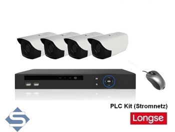 LONGSE PLC2004A/LBW600S200P x 4, HD Kameraset ber Power LAN, Recorder und 4x IP berwachungskameras ber Stromnetz