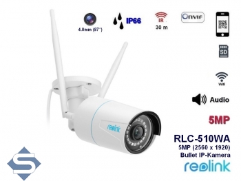 REOLINK RLC-510WA, 5MP (2560 x 1920), 30m Infrarot Nachtsicht, WIFI 2,4GHz/5GHz, 4mm Fixfokus 80, Audio Aufzeichnung, IP67, IP berwachungskamera