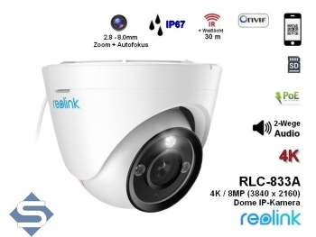 REOLINK RLC-833A, POE, 8MP/4K (3840 x 2160), 30m Infrarot + farbige Nachtsicht, 3x optischer Zoom, 2 Wege Audio, IP67, IP Dome berwachungskamera