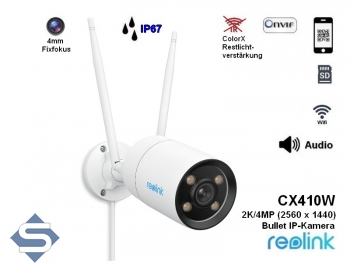REOLINK CX410W, 4MP/2K (2560 x 1440), ColorX Vollfarb-Nachsicht,WIFI 2.4GHz/5GHz, 4mm Objektiv, 2 Wege Audio, IP67, IP berwachungskamera
