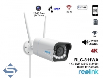 REOLINK RLC-811WA, 8MP/4K (3840 x 2160), 30m Infrarot + farbige Nachtsicht,WIFI 6.0 2.4GHz / 5GHz, 5x optischer Zoom, 2 Wege Audio, IP67, IP berwachungskamera