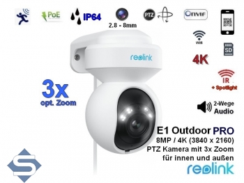 REOLINK E1 Outdoor Pro, 3-fach opt. Zoom, WIFI 6 Dualband-WLAN 2,4/5GHz, Indoor + Outdoor, 4K/8MP (3840 x 2160), PTZ 355 / 50, 12m Infrarot + farbige Nachtsicht, 2 Wege Audio, Auto Tracking, IP berwachungskamera