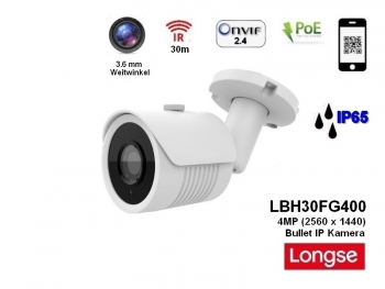 LONGSE LBH30FG400, 4MP (2560 x 1440), 30m IR, POE, 3.6mm Weitwinkel, IP65, IP berwachungskamera