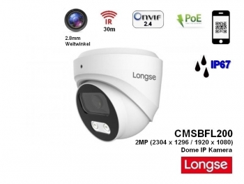 LONGSE CMSBFL200, 2MP (2304 x 1296 / 1920 x 1080), 30m IR, POE, 2.8mm Weitwinkel, IP67, IP berwachungskamera
