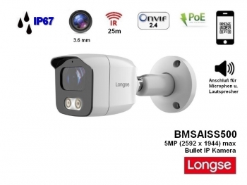 LONGSE BMSAISS500, 5MP (2592 x 1944), 25m IR, POE, 3.6mm Objektiv, IP67, IP berwachungskamera fr innen und auen