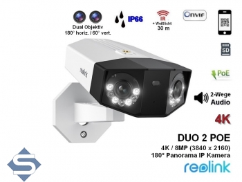 REOLINK DUO 2 POE, 180 Panorama Weitwinkel, 8MP/4K (4608 x 1728), 30m IR, Dual Objektiv, 2-Wege Audio, IP66, IP berwachungskamera