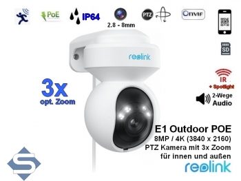 REOLINK E1 Outdoor POE, 3-fach optischer Zoom, Indoor + Outdoor, 4K / 8MP (3840 x 2160), PTZ 355 / 50, 12m Infrarot + farbige Nachtsicht, 2 Wege Audio, Auto Tracking, IP berwachungskamera