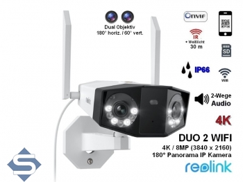 REOLINK DUO 2 WIFI, 180 Panorama Weitwinkel, 8MP/4K (4608 x 1728), 30m IR, Dual Objektiv, 2-Wege Audio, IP66, IP berwachungskamera