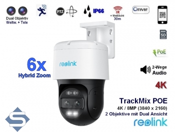 REOLINK TrackMix POE, 6x Hybrid Zoom, Dual Objektiv, Outdoor, 4K / 8MP (3840 x 2160), PTZ 355 / 90, 30m Infrarot + farbige Nachtsicht, 2 Wege Audio, Auto Tracking, IP berwachungskamera