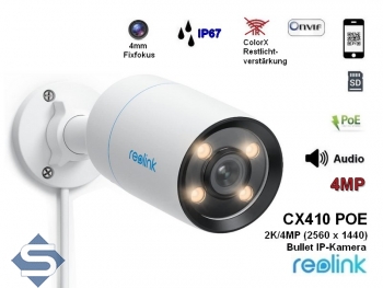 REOLINK CX410 POE, 4MP/2K (2560 x 1440), ColorX Vollfarb-Nachsicht, 4mm Objektiv, 2 Wege Audio, IP67, IP berwachungskamera