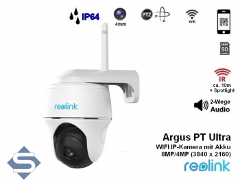 REOLINK ARGUS PT Ultra, WLAN 5/2.4GHz, Akkubetrieben, 8MP/4K (3840 x 2160), 10m IR + 2 Spotlights, 2 Wege Audio, IP64, IP berwachungskamera